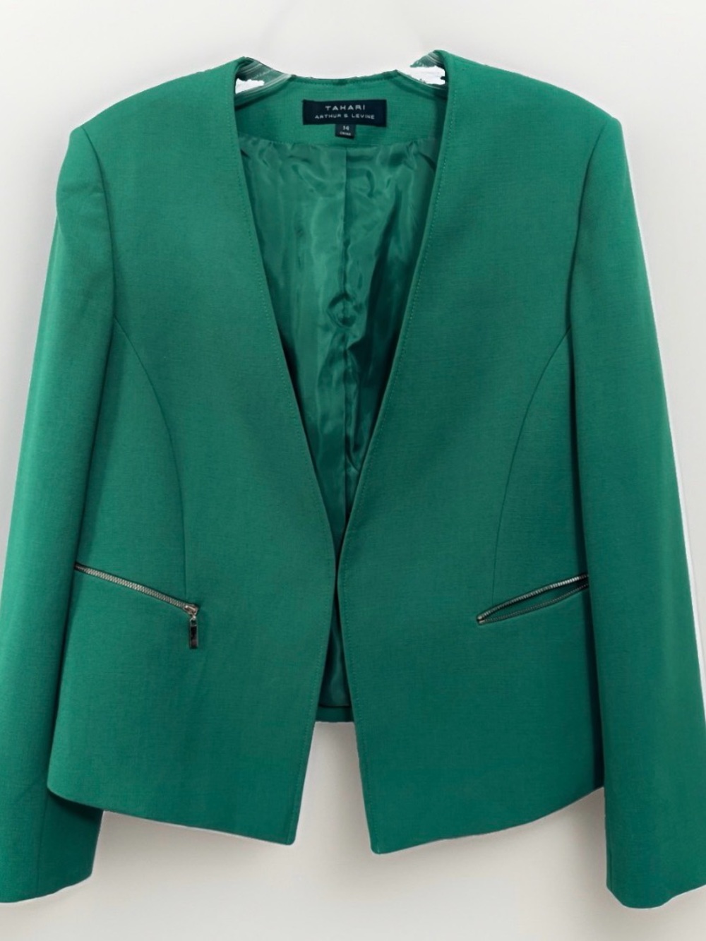 TAHARI Open Front Emerald Green Blazer Women's Size 14 Zip-Pocket